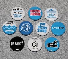 six buttons with different sayings on them