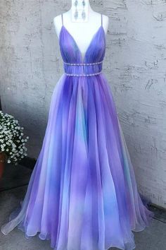 Purple A Line Spaghetti Strap V-neck Beading Belt Chiffon Prom Dress – Ombreprom Poofy Dress, Hi Friend, Professional Dress, Gown Prom, Ball Gowns Prom, Professional Dresses, Tulle Prom Dress