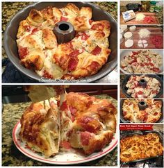 the pizza is being cut into slices and placed in a pan