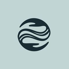 a black and white logo with waves in the center on a light blue background illustration