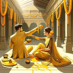 a man and woman sitting on the ground in front of a temple with yellow decorations