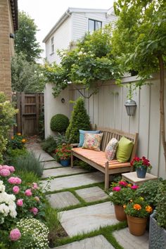 a wooden bench sitting in the middle of a garden