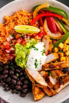 a white bowl filled with chicken, rice and beans