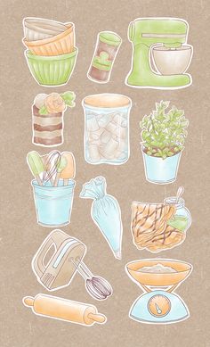 a drawing of kitchen utensils and food items