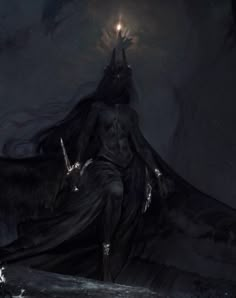 a woman with long black hair is standing in the middle of a dark forest at night