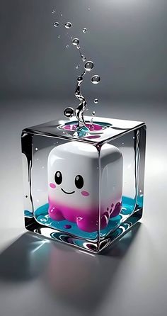 a cube shaped object with water splashing out of it's sides and eyes