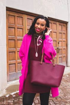 Louisville blogger, What Nicole Wore, shares a chic Valentine's Day outfit featuring a flirty burgundy and hot pink color combo from PinkBlush. // urban decay born to run palette look, urban decay blush palette, okurrr lipstick, oversize cardigan with dress, kendra scott necklace outfit, neck scarf outfit winter, black fashion blogger Neck Scarf Outfit Winter, Pink And Maroon Outfit, Wine Colour Combination Dress, Wine Colour Combination, Kendra Scott Necklace Outfit, Y2k Festival Outfit, Pink Scarf Outfit, Cardigan With Dress, Neck Scarf Outfit