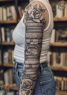 a woman's arm with books and roses on it