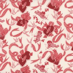 a red and white fabric with hearts, flowers, and birds on the back ground