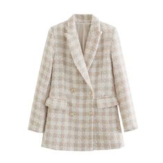 Pattern Type: PlaidCollar: Turn-Down CollarClosure Type: Double BreastedMaterial: polyester Blazer Off White, Double Blazer, Blazer Rose, Neutral Tops, Beige Blazer, Blazer Beige, Vintage Long Sleeve, Coat Vintage, Checked Blazer