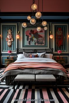 a bedroom with black and white striped flooring, pink walls and chandelier above the bed