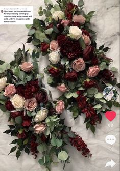 two bouquets of flowers are arranged on a white surface with green and red leaves