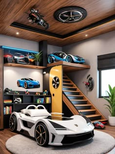 a kid's bedroom with a car bed in the middle and shelves above it