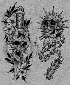 two skull tattoos on the side of each other, one with flowers and an anchor