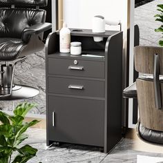 an office chair next to a desk with a hair dryer and other items on it