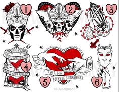 four different tattoos with skulls, roses and hearts on them in black and red ink