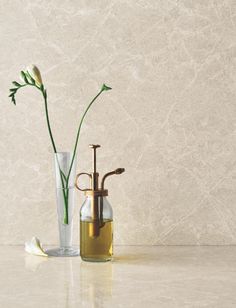 a glass vase with flowers in it next to a faucet on a counter