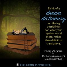 a woman laying on top of two books with the caption think of a dream dictionary as offering possibilities for what your symbol could mean, rather than