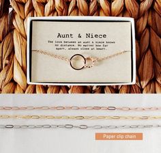 Aunt Niece bracelet, Aunt Niece Gift, Aunt Niece Jewelry, Aunt Niece Quotes, Aunt bracelet ◆ LENGTH: 6"+1" (extended chain) ◆ Material: Gold / Rose / Silver Plating over Brass finding , Brass chain & clasp Jewelry shipped with a gift box. Thank you for visiting! All orders are shipped with a TRACKING NUMBER! Want to see more? please click on http://LaSenada.etsy.com If you have any questions, feel free to ask me! Adjustable Paperclip Bracelet As Gift, Adjustable Paperclip Chain Bracelet As Gift, Silver Paperclip Bracelet As Gift, Silver Paperclip Bracelet Gift, Handmade Paperclip Jewelry Gift, Handmade Paperclip-shaped Jewelry Gift, Aunt Bracelet, Niece Quotes From Aunt, Niece Quotes