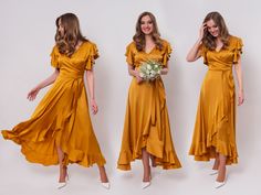 three beautiful women in yellow dresses standing next to each other