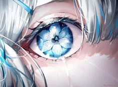 an artistic painting of a woman's eye with blue and white flowers in the iris