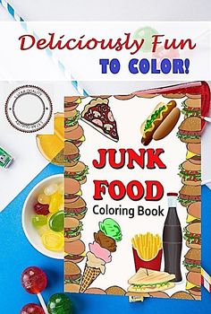 an image of a junk food coloring book on a table with candy and candies