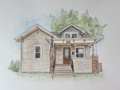 a drawing of a small house with an american flag on the front door and porch