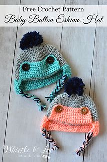 two crocheted hats are laying on the floor next to each other, one is wearing a hat and the other has an ear flap