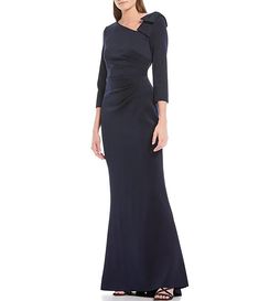 Jessica Howard 3/4 Elbow Sleeve Asymmetrical Neck Bow Shoulder Side Tuck Gown | Dillard's Mom Wedding Dress, Gown Elegant, Mesh Gown, Dresses Formal Elegant, Dress Attire, Bride Groom Dress, Mob Dresses, Neck Bow, Evening Gowns Elegant