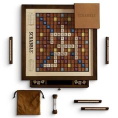 Vente Mid Century Modern Brown Wood Board Scrabble Set Walnut Cabinet, Scrabble Game, Scrabble Board, Scrabble Letters, Tiger Maple, Walnut Cabinets, Sand Timers, Kathy Kuo Home, Wood Letters