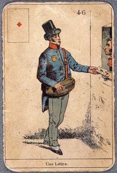 a card with an image of a man dressed in uniform and holding a knife to another man's head