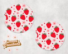 two coasters with strawberries and flowers on them, one has the word damn creations