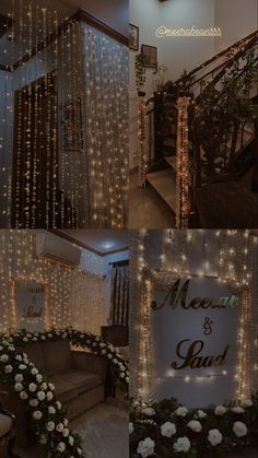 wedding decorations with lights and flowers on the stairs