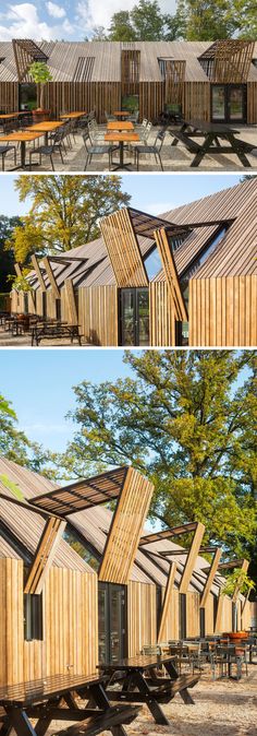 two pictures showing the different angles of wooden structures and tables in front of each other