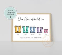 a card with the words, our grandfather is here and four boots are in different colors