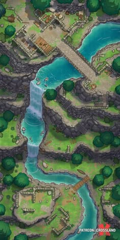 an aerial view of a river, bridge and town in the game pokemon world map