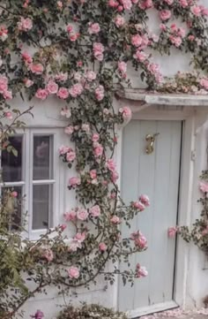 a house covered in pink flowers next to a white door