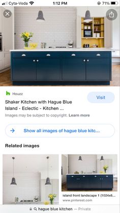 two screenshots showing the same kitchen with blue cabinets