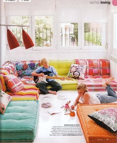 Super kid space. +how to make the big floor cushions. www.reallivingmag.com Hangout Room, Smart Tiles, Room Seating, Kids Corner, Kids Room Design, Living Room Seating, Kid Spaces, On The Floor