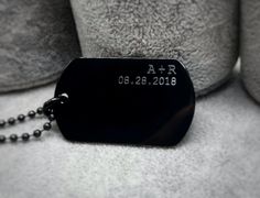 This custom engraved black stainless steel dog tag necklace is a unique and modern way to keep your personal information close to you. The necklace is made of stainless steel, making it resistant to rust and corrosion. The black color gives it a sleek and modern look. The dog tag pendant is perfect for engraving with your personal information such as your name, address, phone number and emergency contact information, the engraving will be long-lasting and highly visible. The necklace is customized according to your preference. This necklace is perfect for those who want to add a touch of style and elegance to their personal information and wear it close to their hearts. The dog tag pendant design is a classic and timeless look that can complement any outfit and it's perfect for everyday we Boyfriend Gifts Necklace, Dog Tag Necklace Aesthetic, Custom Engraved Necklace, Engraved Dog Tags, Bf Gifts, Black Pendant, Engraved Necklace, Pendant Design, Wedding Jewellery Necklace