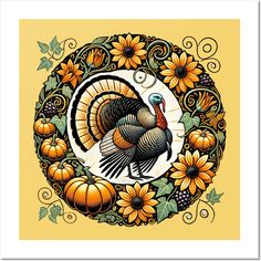 a turkey surrounded by sunflowers and pumpkins on a yellow background with leaves