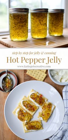 three jars filled with hot pepper jelly on top of a white plate next to crackers