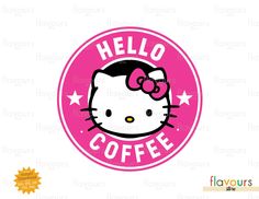 a hello kitty coffee sticker with the words hello coffee in pink and stars on it