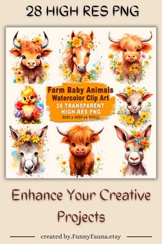 Cute Farm Animals Clipart Pack for Nursery Decor - 28 High-Resolution PNG Files Cute Farm Animals, Watercolor Farm, Farm Baby