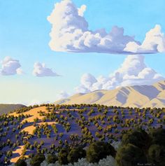 a painting of trees and mountains with clouds in the sky