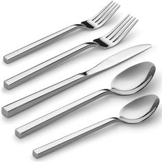 four forks, two spoons and one knife on a white surface with clipping