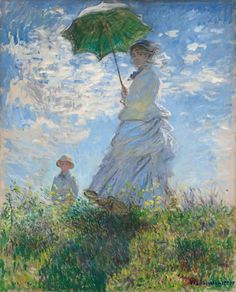 a painting of a woman holding an umbrella while standing in a field next to a man