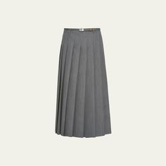 Prada skirt with a detachable belt with metal buckle Slip included Wraparound pleated silhouette Midi length Side button Mohair/virgin wool Dry clean Made in Italy Prada Skirt, Belted Midi Skirt, Evening Flats, Cocktail Jacket, Lingerie Sleepwear, Sweater Skirt, Handbags On Sale, Travel Size Products, Midi Length