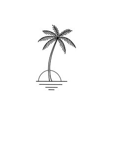 a black and white drawing of a palm tree on an island in the middle of the ocean