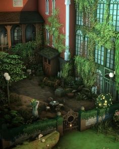 an animated image of a house surrounded by greenery